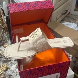 Tory Burch Ivory Croc-Embossed Sandals